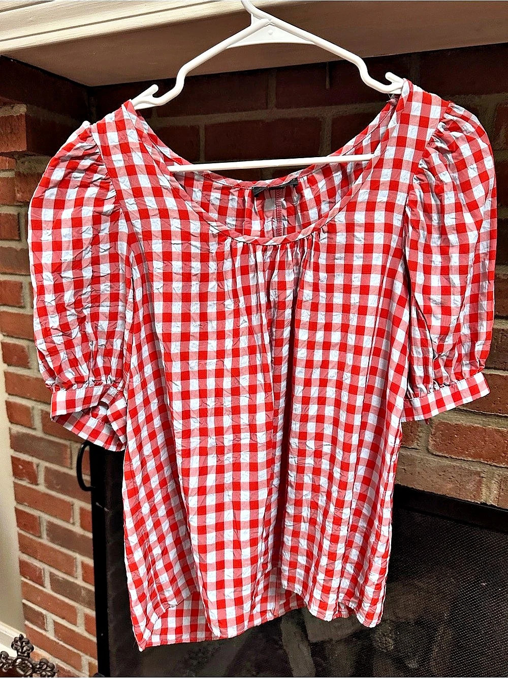 J.Crew Greta Top in Washed Gingham Blouse Red & White XS